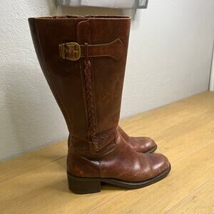 Vintage Super Leather Riding Boots Brown Knee High Braided Buckle Zip Women 7.5